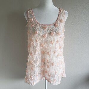 Sans Souci Blouse Top Sleeveless Mesh Lace Embellish Flowers High Low Hem Size L